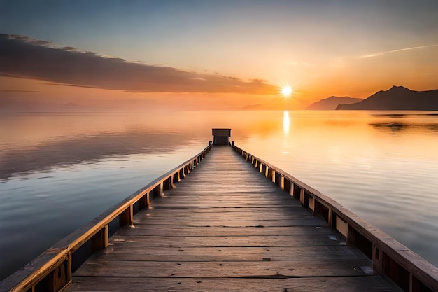 Een dok met een zonsondergang op het water