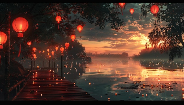 Een dok met lantaarns op een rivier.