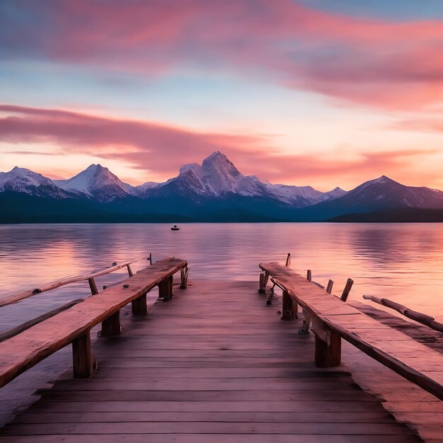 Foto een dok met uitzicht op een bergketen en een zonsondergangstrand