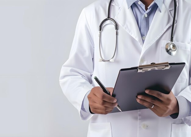 een dokter houdt een klembord en een pen vast
