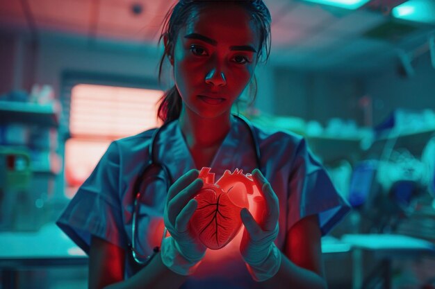 Foto een dokter in blauwe scrubs met een open hart in de stijl van science-based