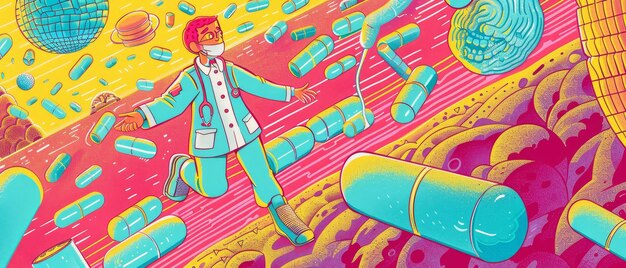 Een dokter in een willekeurig surrealistisch landschap van gigantische pillen en stethoscopen gezondheidszorg droomscape