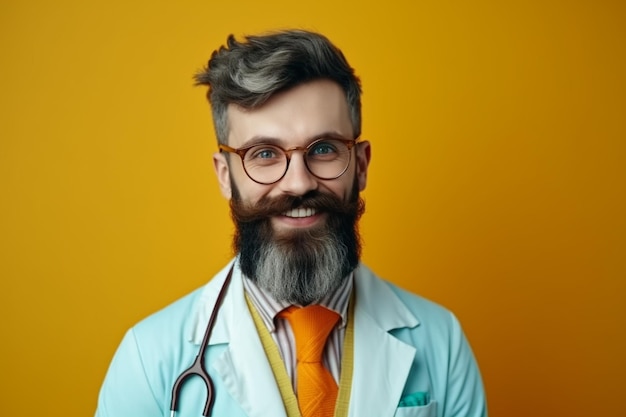 Een dokter met een baard en een bril glimlacht voor een gele achtergrond