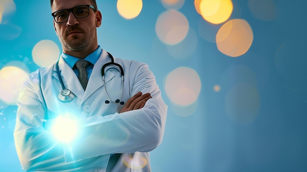 een dokter met een bril en een stethoscoop om zijn nek staat voor een wazige achtergrond