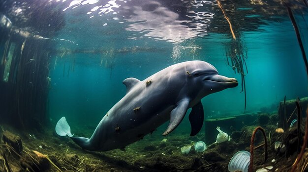 Foto een dolfijn gevangen in een plastic zak in de oceaan milieubescherming generatieve ai