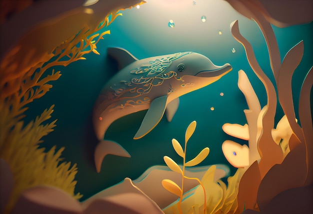 Een dolfijn in een zee van vissen