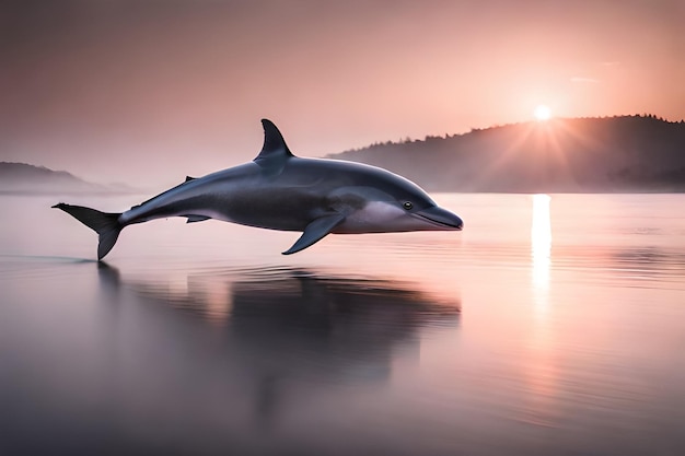 Een dolfijn springt bij zonsondergang uit het water.