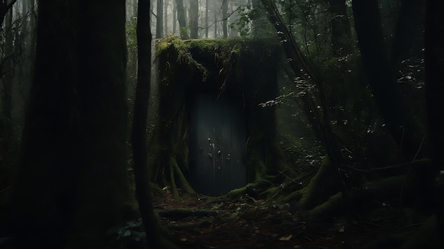 Een donker bos met een donkere tunnel op de achtergrond