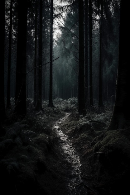 Een donker bos met een pad dat naar de maan leidt