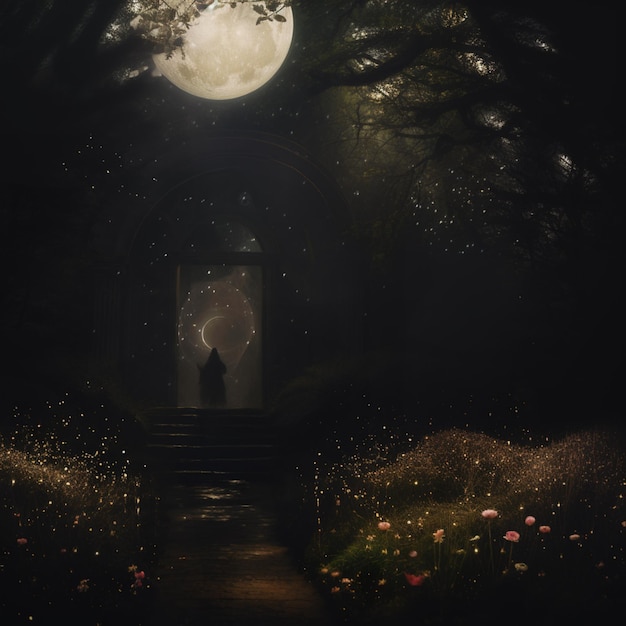 Foto een donker bos met een volle maan en een pad dat leidt naar een persoon generatieve ai