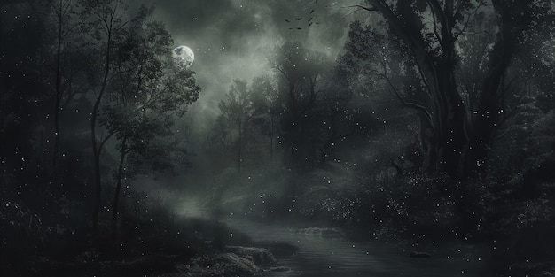 Foto een donker bos met een volle maan in de lucht.