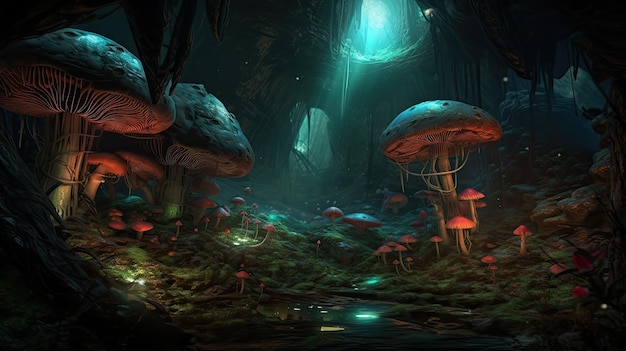 Een donker bos met paddenstoelen en een blauw licht