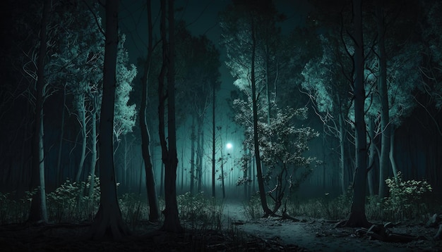 Een donker bos waar licht op schijnt