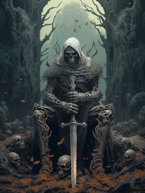 Een donker fantasiekunstwerk van een skelet zittend op een troon met een zwaard in zijn handen.