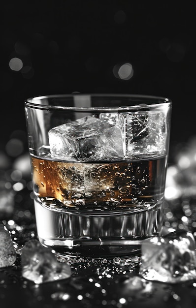 een donker glas whisky met ijs erop