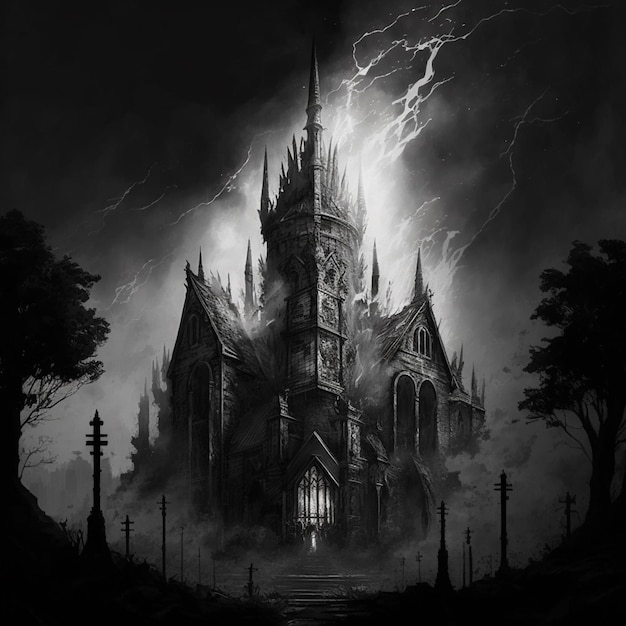 Een donker gotisch gebouw met een donkere lucht en bliksem op de achtergrond.