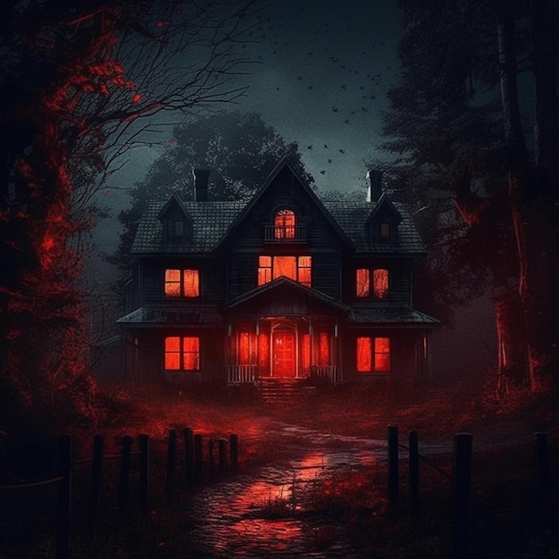 Een donker huis met een rood licht dat in de ramen schijnt