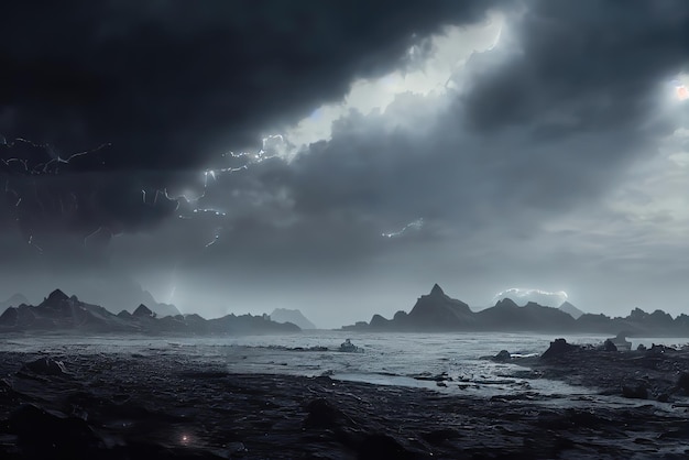 Een donker landschap met bergen en een bewolkte lucht