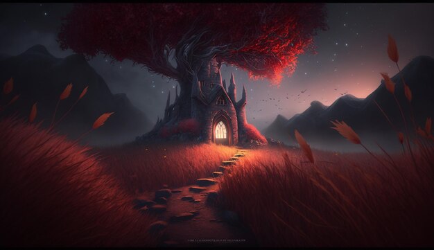 Een donker landschap met een boom en een kasteel op de achtergrond.