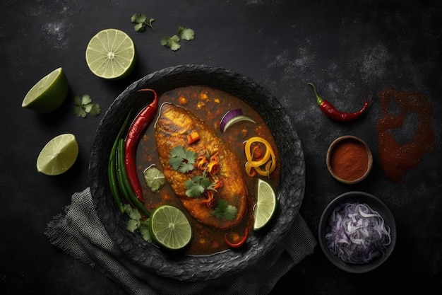 Een donker leistenen tafelblad bevat een kom Macher Jhol Indiaas eten Indiase viscurry Aziatische keuken en eten een bovenaanzicht