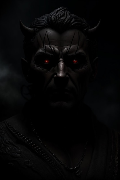 Een donker portret van een duivel met rode ogen.