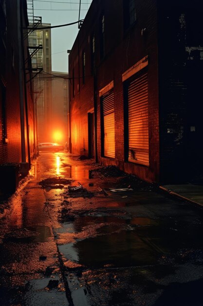 Een donker steegje met een rood licht aan het einde ervan