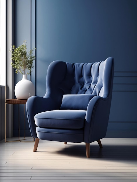 Een donkerblauwe fauteuil