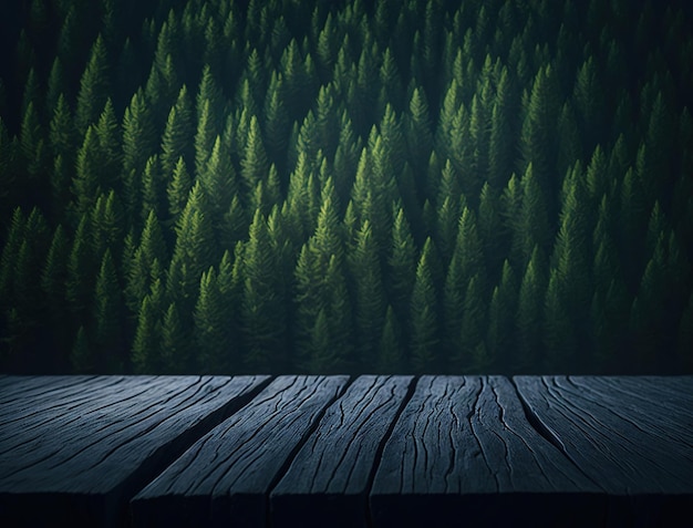 Een donkere achtergrond met een bosachtergrond en een houten tafel met een houten plank waarop 'het woord bos' staat