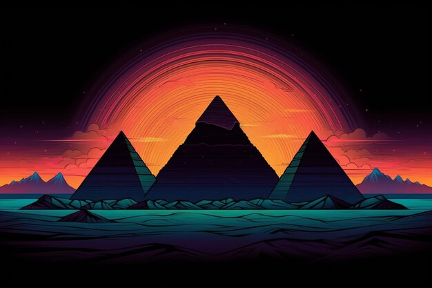 Een donkere achtergrond met een piramide in het midden.