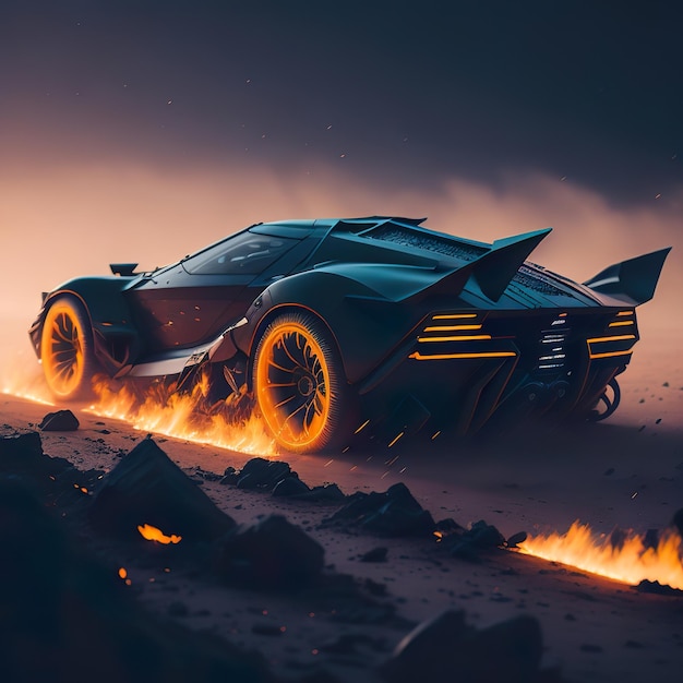 Een donkere auto met een zwarte staart waarop Lamborghini staat.