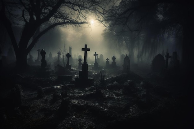 Een donkere begraafplaats met een licht dat door de bomen schijnt.
