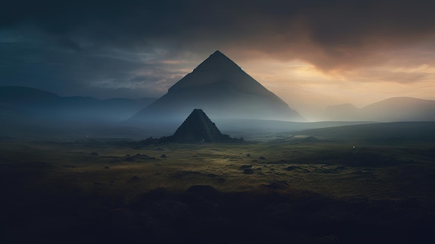 Een donkere en bewolkte lucht met een piramide op de voorgrond.