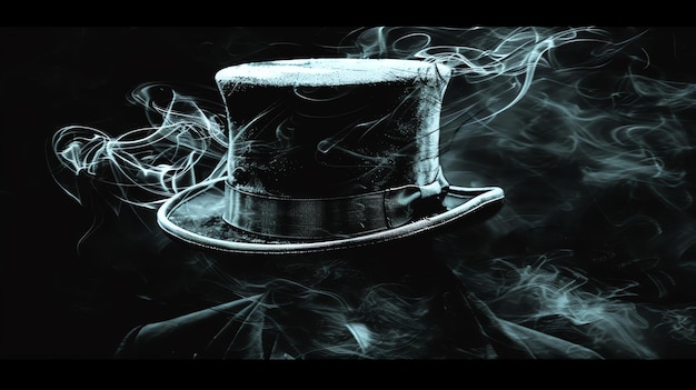 Een donkere en mysterieuze figuur met een hoed en een lange jas staat in het midden van een wervelende mist
