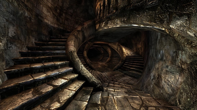 Een donkere en mysterieuze spiraaltrap leidt naar beneden in de diepte van een vergeten kerker.