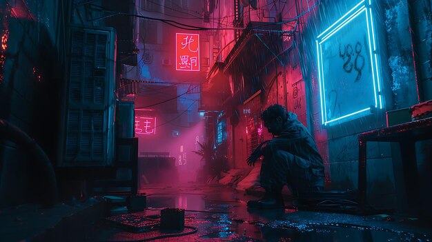 Een donkere en regenachtige steeg in een cyberpunk stad.