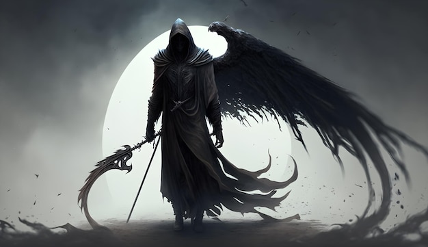 Een donkere engel met een zeis en een zwaard