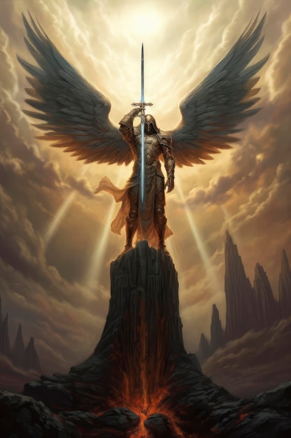 Een donkere engel met een zwaard en staat op een trap