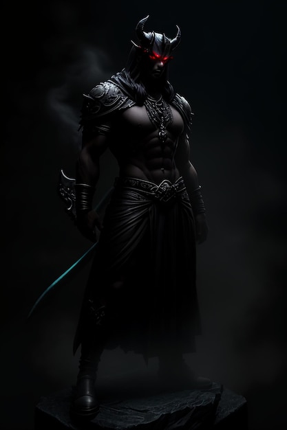 Een donkere fantasie personage met een zwaard in zijn hand.