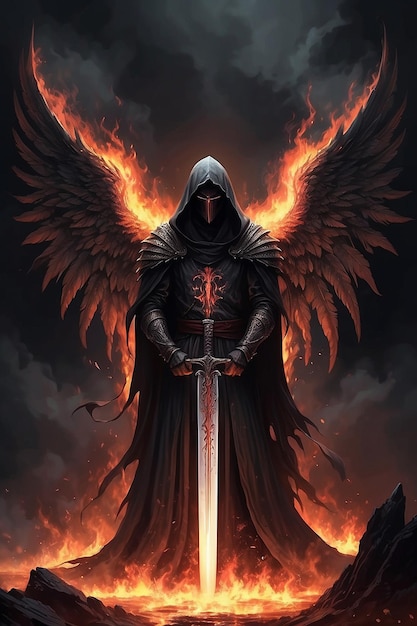 Een donkere figuur met een lange zwarte mantel staat naast een vuur met het woord dood erop