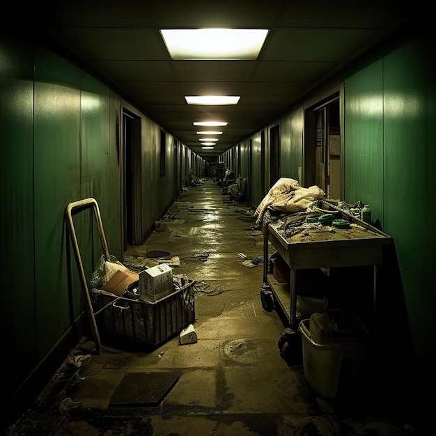 Een donkere gang met afval en apparatuur van het ziekenhuis
