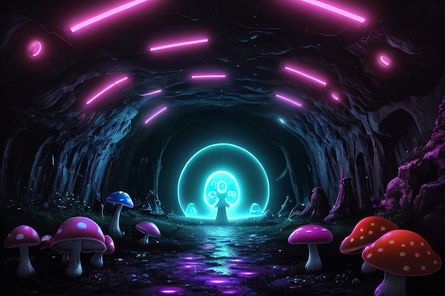 Een donkere grot met een gloeiende paddenstoel en een meisje in blauwe en paarse lichten