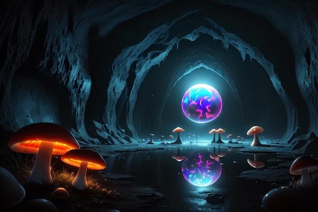 Een donkere grot met een paddenstoel en een blauwe planeet op de bodem.
