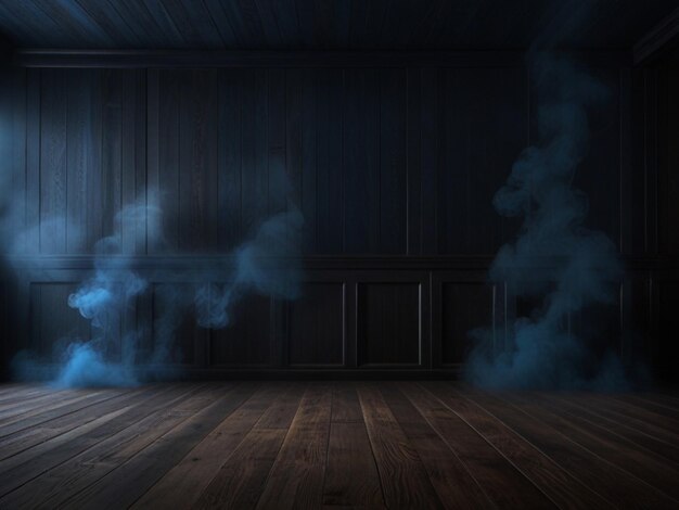 een donkere houten kamer met een donkere blauwe rook achtergrond