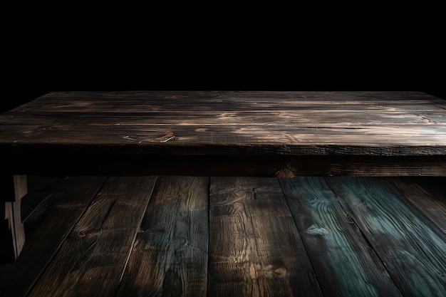 Een donkere houten tafel met een donkere achtergrond