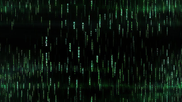 Een donkere kamer gevuld met gloeiende groene pixels de pixels zijn allemaal verschillende vormen en maten en ze bewegen allemaal in verschillende richtingen