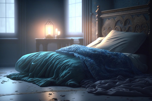 Een donkere kamer met een bed en een kussen met een blauwe hoes en de woorden "het woord" erop. "