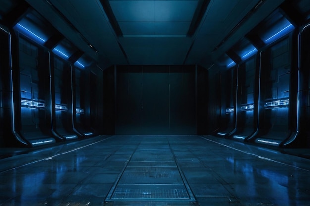 een donkere kamer met een blauw licht aan de linkerkant en een blauwe licht aan de rechterkant