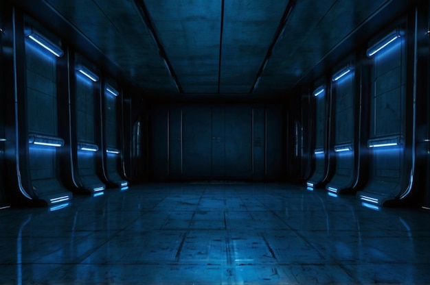een donkere kamer met een blauw licht aan de linkerkant