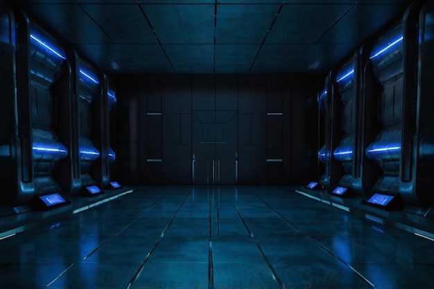 een donkere kamer met een blauw licht op de vloer en een blauwe licht aan de rechterkant