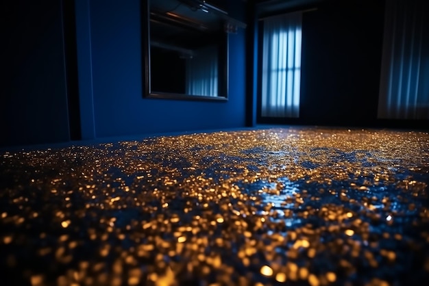 Een donkere kamer met een blauwe muur en een donkerblauwe vloer met gouden glitters erop.